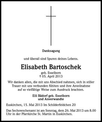 Anzeige von Elisabeth Bartoschek von Kölner Stadt-Anzeiger / Kölnische Rundschau / Express