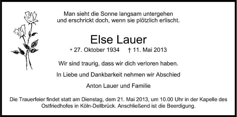  Traueranzeige für Else Lauer vom 17.05.2013 aus Kölner Stadt-Anzeiger / Kölnische Rundschau / Express