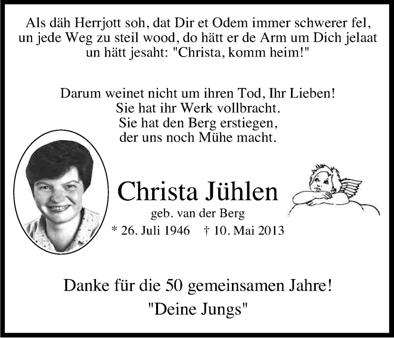  Traueranzeige für Christa Jühlen vom 18.05.2013 aus Kölner Stadt-Anzeiger / Kölnische Rundschau / Express