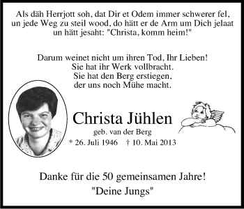 Anzeige von Christa Jühlen von Kölner Stadt-Anzeiger / Kölnische Rundschau / Express
