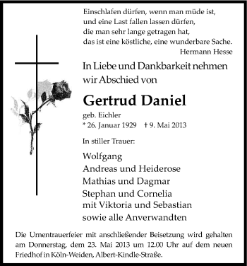 Anzeige von Gertrud Daniel von Kölner Stadt-Anzeiger / Kölnische Rundschau / Express