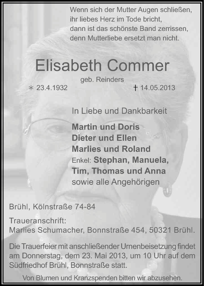  Traueranzeige für Elisabeth Commer vom 18.05.2013 aus Kölner Stadt-Anzeiger / Kölnische Rundschau / Express