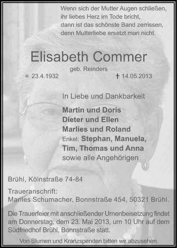 Anzeige von Elisabeth Commer von Kölner Stadt-Anzeiger / Kölnische Rundschau / Express