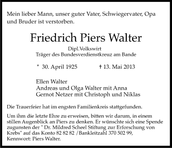 Anzeige von Friedrich Piers Walter von Kölner Stadt-Anzeiger / Kölnische Rundschau / Express