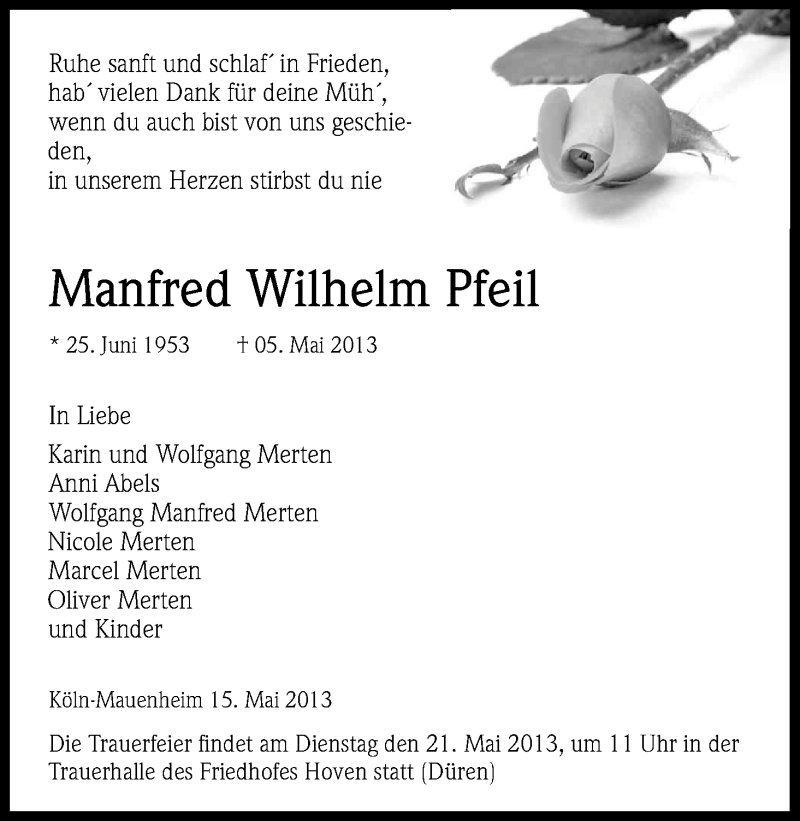  Traueranzeige für Manfred Wilhelm Pfeil vom 18.05.2013 aus Kölner Stadt-Anzeiger / Kölnische Rundschau / Express