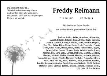 Anzeige von Freddy Reimann von Kölner Stadt-Anzeiger / Kölnische Rundschau / Express