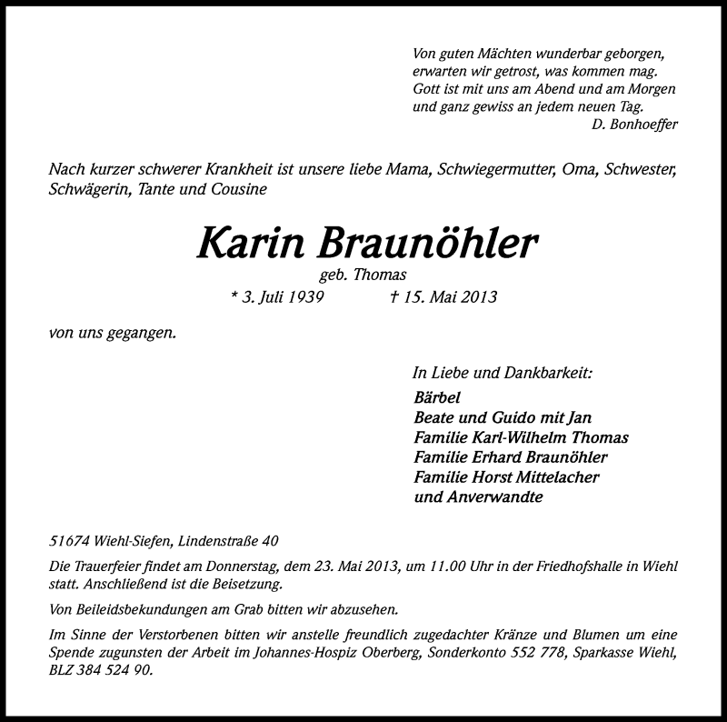  Traueranzeige für Karin Braunöhler vom 17.05.2013 aus Kölner Stadt-Anzeiger / Kölnische Rundschau / Express