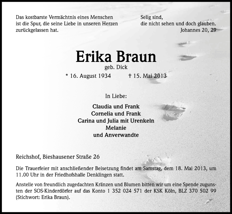  Traueranzeige für Erika Braun vom 17.05.2013 aus Kölner Stadt-Anzeiger / Kölnische Rundschau / Express