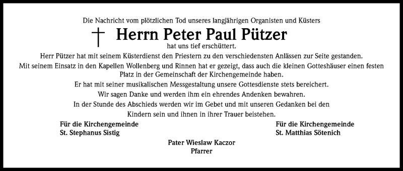  Traueranzeige für Peter Paul Pützer vom 17.05.2013 aus Kölner Stadt-Anzeiger / Kölnische Rundschau / Express