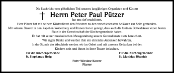 Anzeige von Peter Paul Pützer von Kölner Stadt-Anzeiger / Kölnische Rundschau / Express