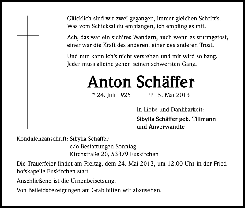  Traueranzeige für Anton Schäffer vom 18.05.2013 aus Kölner Stadt-Anzeiger / Kölnische Rundschau / Express
