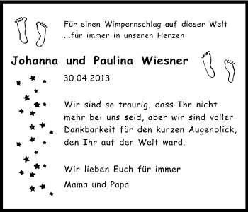 Anzeige von Johanna und Paulina Wiesner von Kölner Stadt-Anzeiger / Kölnische Rundschau / Express