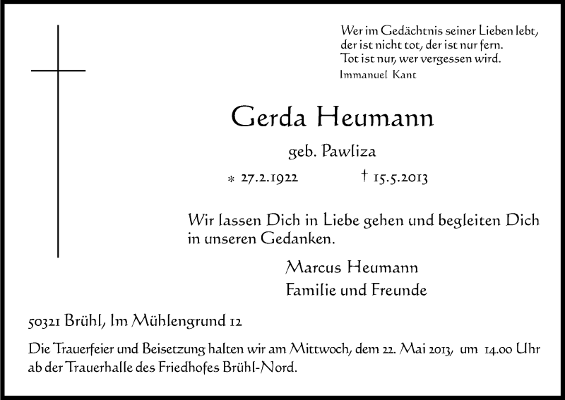 Traueranzeige für Gerda Heumann vom 17.05.2013 aus Kölner Stadt-Anzeiger / Kölnische Rundschau / Express