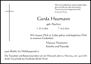 Anzeige von Gerda Heumann von Kölner Stadt-Anzeiger / Kölnische Rundschau / Express