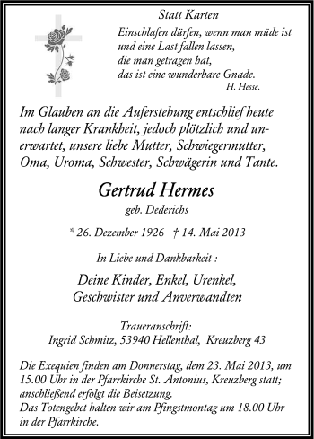 Anzeige von Gertrud Hermes von Kölner Stadt-Anzeiger / Kölnische Rundschau / Express