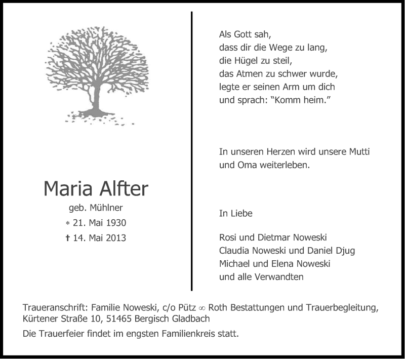  Traueranzeige für Maria Alfter vom 18.05.2013 aus Kölner Stadt-Anzeiger / Kölnische Rundschau / Express