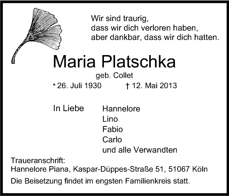  Traueranzeige für Maria Platschka vom 18.05.2013 aus Kölner Stadt-Anzeiger / Kölnische Rundschau / Express