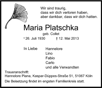 Anzeige von Maria Platschka von Kölner Stadt-Anzeiger / Kölnische Rundschau / Express
