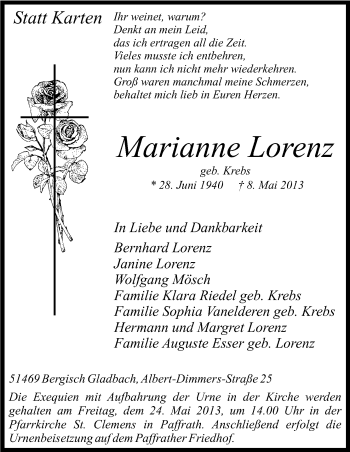 Anzeige von Marianne Lorenz von Kölner Stadt-Anzeiger / Kölnische Rundschau / Express