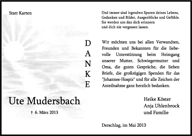  Traueranzeige für Ute Mudersbach vom 18.05.2013 aus Kölner Stadt-Anzeiger / Kölnische Rundschau / Express