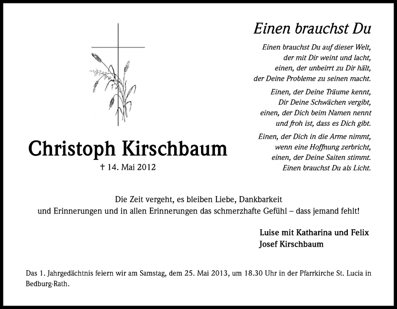  Traueranzeige für Christoph Kirschbaum vom 18.05.2013 aus Kölner Stadt-Anzeiger / Kölnische Rundschau / Express