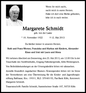 Anzeige von Margarete Schmidt von Kölner Stadt-Anzeiger / Kölnische Rundschau / Express