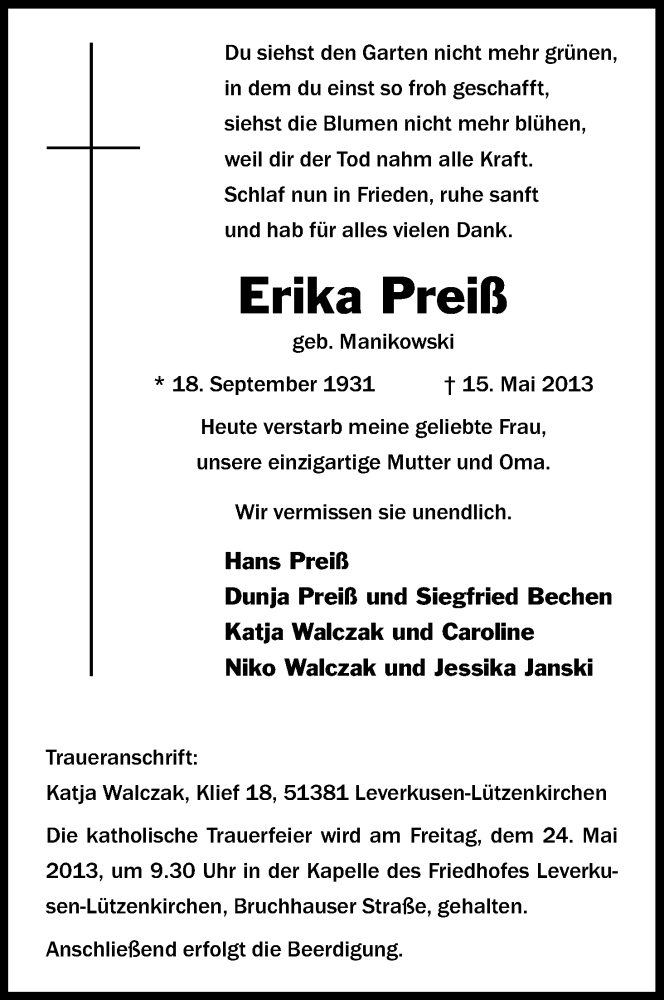  Traueranzeige für Erika Preiß vom 18.05.2013 aus Kölner Stadt-Anzeiger / Kölnische Rundschau / Express