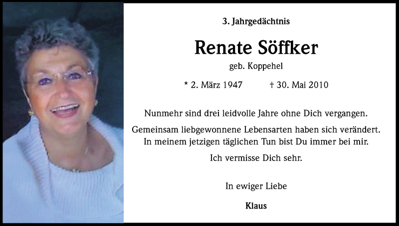  Traueranzeige für Renate Söffker vom 30.05.2013 aus Kölner Stadt-Anzeiger / Kölnische Rundschau / Express