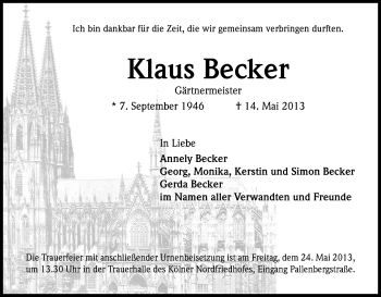 Anzeige von Klaus Becker von Kölner Stadt-Anzeiger / Kölnische Rundschau / Express
