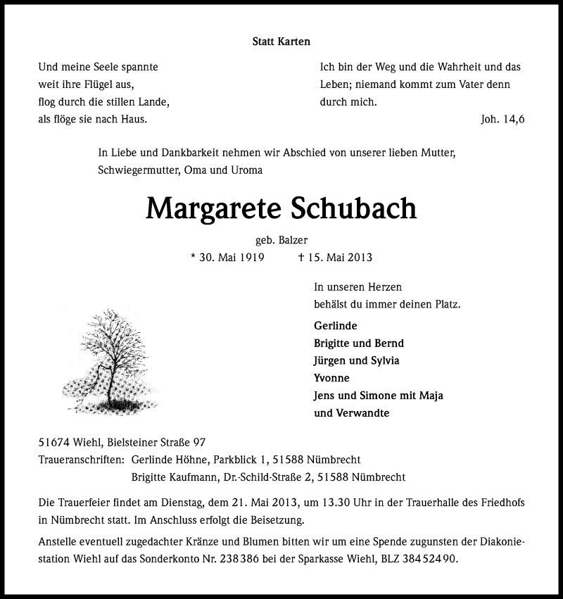  Traueranzeige für Margarete Schubach vom 18.05.2013 aus Kölner Stadt-Anzeiger / Kölnische Rundschau / Express