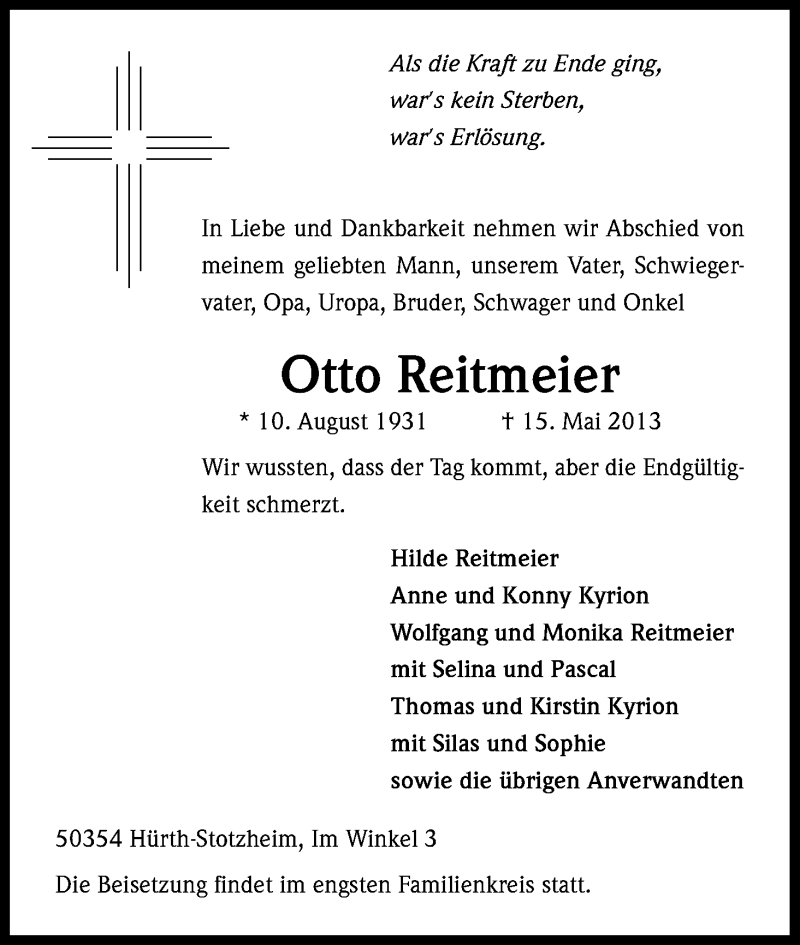  Traueranzeige für Otto Reitmeier vom 18.05.2013 aus Kölner Stadt-Anzeiger / Kölnische Rundschau / Express