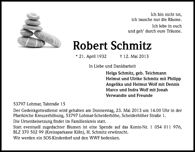  Traueranzeige für Robert Schmitz vom 18.05.2013 aus Kölner Stadt-Anzeiger / Kölnische Rundschau / Express