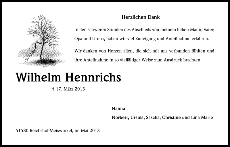  Traueranzeige für Wilhelm Hennrichs vom 22.05.2013 aus Kölner Stadt-Anzeiger / Kölnische Rundschau / Express