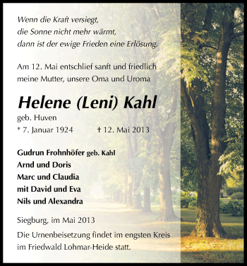 Anzeige von Helene Kahl von Kölner Stadt-Anzeiger / Kölnische Rundschau / Express