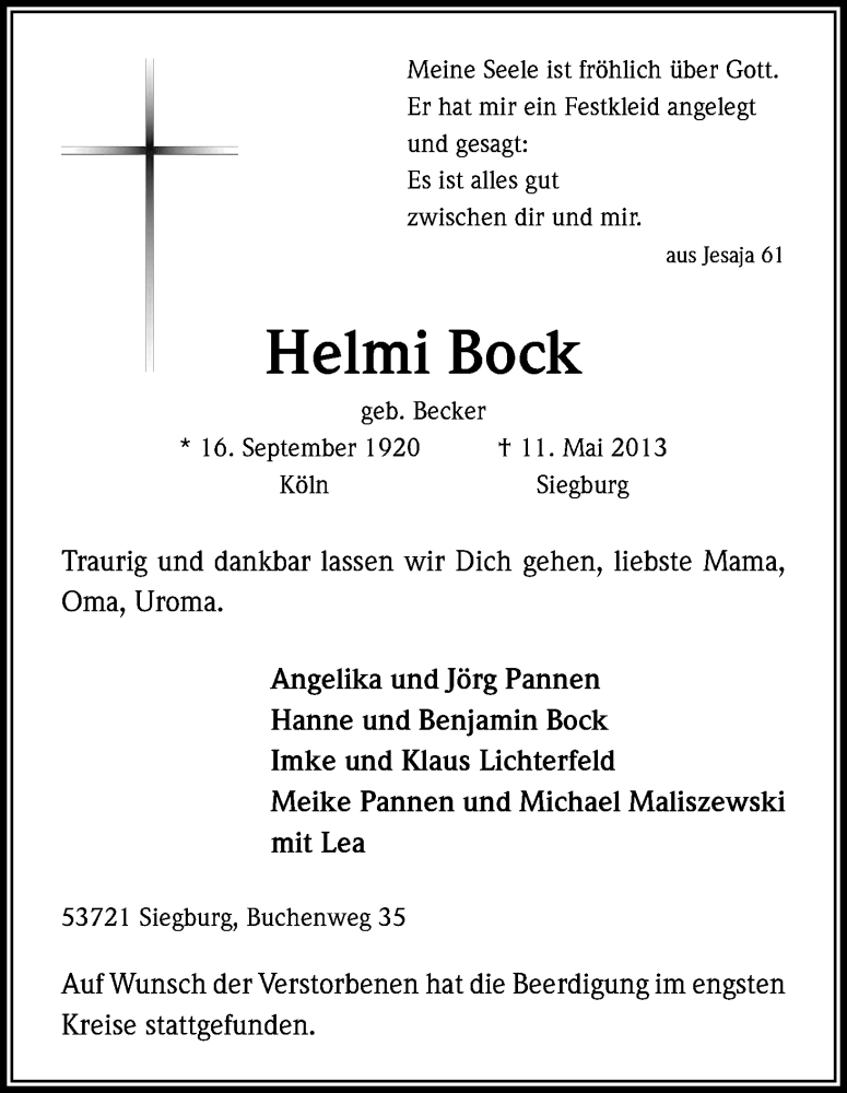 Traueranzeige für Helmi Bock vom 18.05.2013 aus Kölner Stadt-Anzeiger / Kölnische Rundschau / Express
