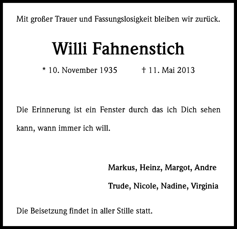  Traueranzeige für Willi Fahnenstich vom 18.05.2013 aus Kölner Stadt-Anzeiger / Kölnische Rundschau / Express