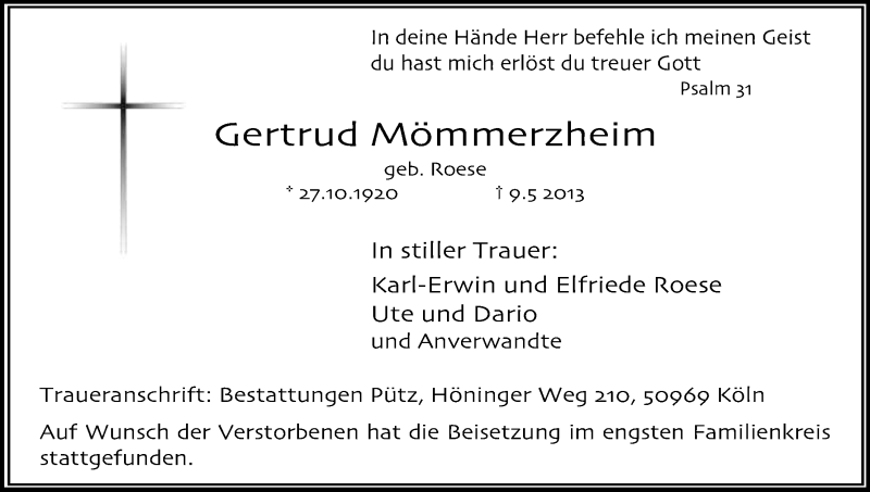  Traueranzeige für Gertrud Mömmerzheim vom 18.05.2013 aus Kölner Stadt-Anzeiger / Kölnische Rundschau / Express