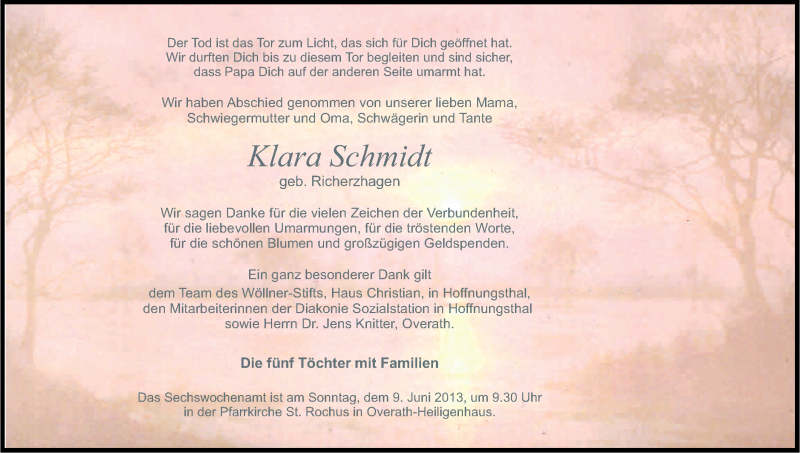  Traueranzeige für Klara Schmidt vom 25.05.2013 aus Kölner Stadt-Anzeiger / Kölnische Rundschau / Express