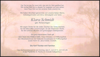 Anzeige von Klara Schmidt von Kölner Stadt-Anzeiger / Kölnische Rundschau / Express