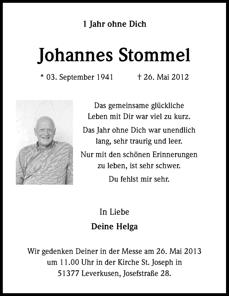  Traueranzeige für Johannes Stommel vom 25.05.2013 aus Kölner Stadt-Anzeiger / Kölnische Rundschau / Express