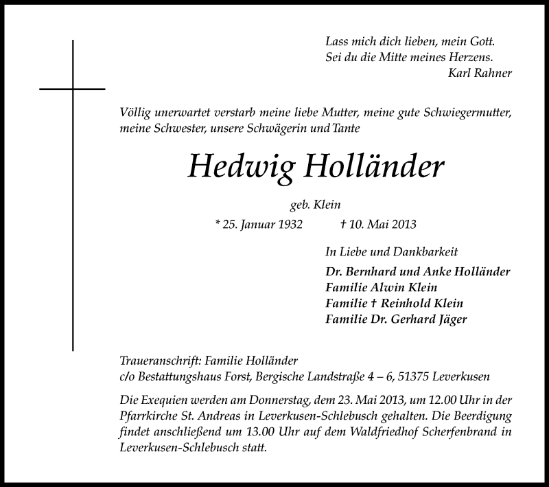  Traueranzeige für Hedwig Holländer vom 18.05.2013 aus Kölner Stadt-Anzeiger / Kölnische Rundschau / Express
