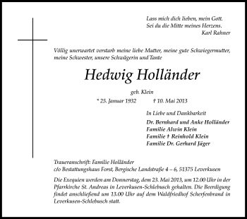 Anzeige von Hedwig Holländer von Kölner Stadt-Anzeiger / Kölnische Rundschau / Express
