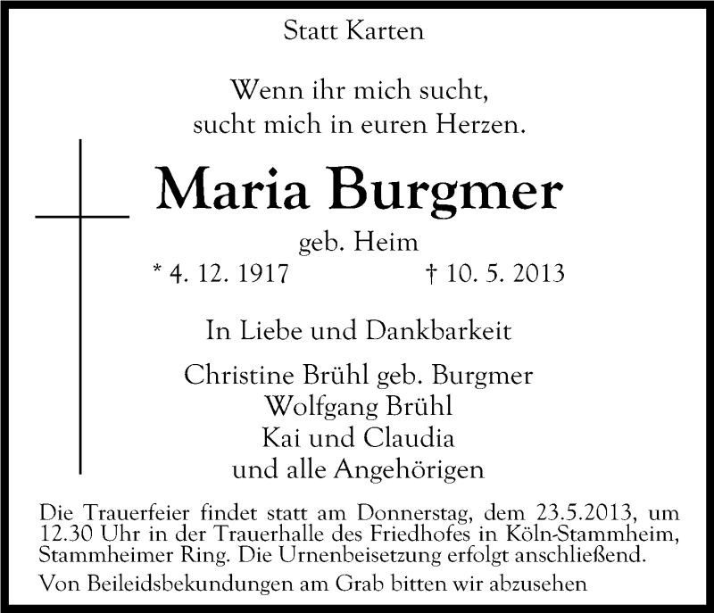  Traueranzeige für Maria Burgmer vom 21.05.2013 aus Kölner Stadt-Anzeiger / Kölnische Rundschau / Express