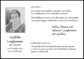 Anzeige von Mathilde Langhammer von Kölner Stadt-Anzeiger / Kölnische Rundschau / Express