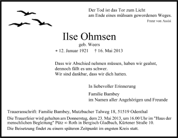 Anzeige von Ilse Ohmsen von Kölner Stadt-Anzeiger / Kölnische Rundschau / Express