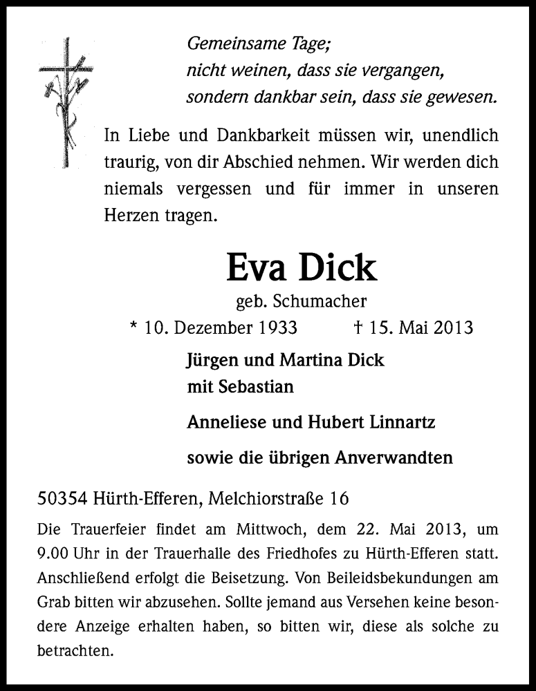  Traueranzeige für Eva Dick vom 18.05.2013 aus Kölner Stadt-Anzeiger / Kölnische Rundschau / Express