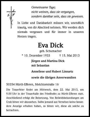 Anzeige von Eva Dick von Kölner Stadt-Anzeiger / Kölnische Rundschau / Express