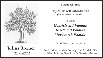 Anzeige von Julius Bremer von Kölner Stadt-Anzeiger / Kölnische Rundschau / Express