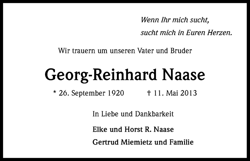  Traueranzeige für Georg-Reinhard Naase vom 18.05.2013 aus Kölner Stadt-Anzeiger / Kölnische Rundschau / Express