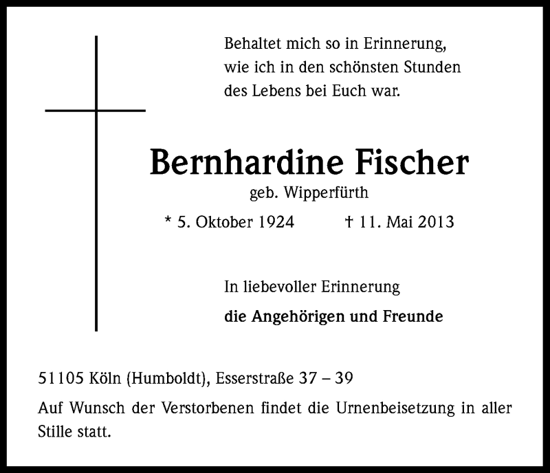  Traueranzeige für Bernhardine Fischer vom 18.05.2013 aus Kölner Stadt-Anzeiger / Kölnische Rundschau / Express